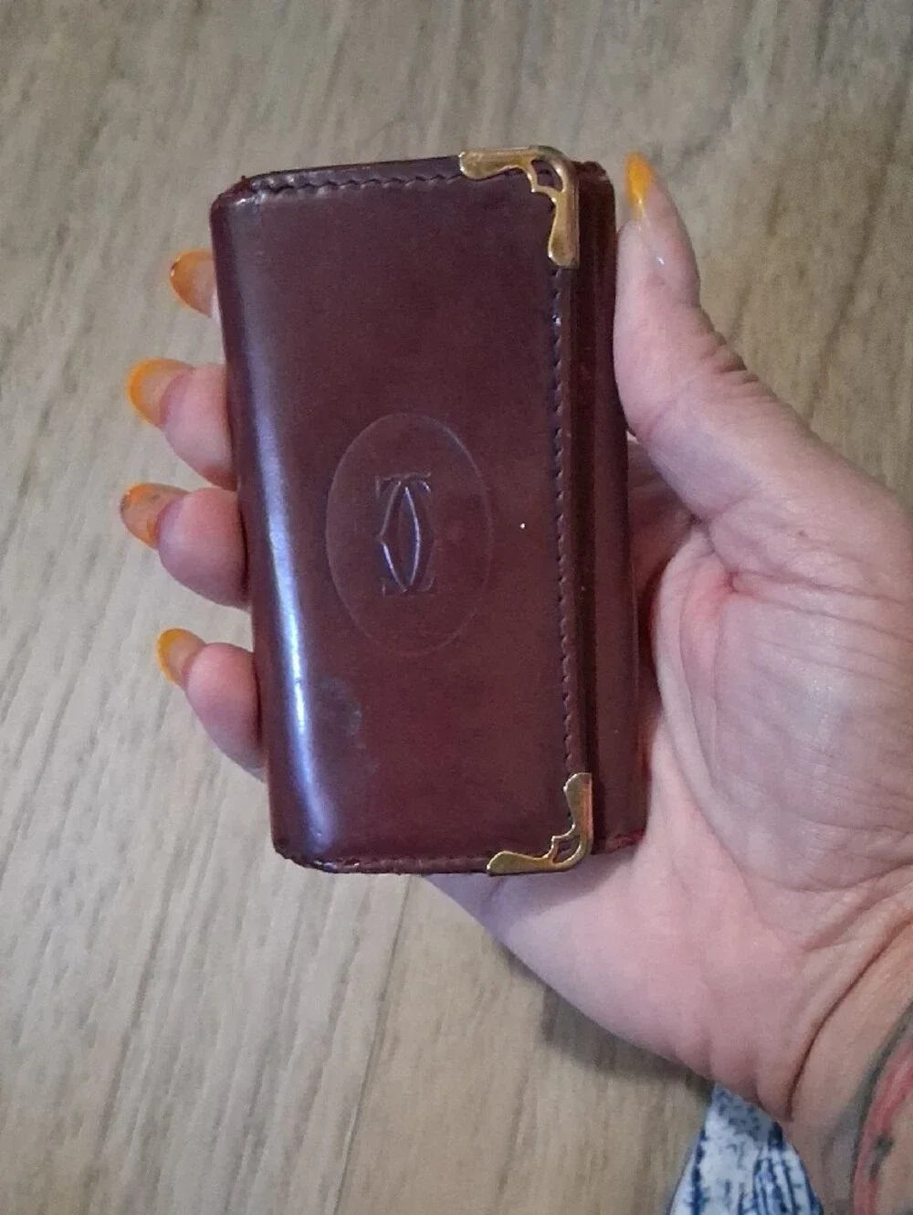 Cartier Brown Leather Card Case with Gold Corner Accents